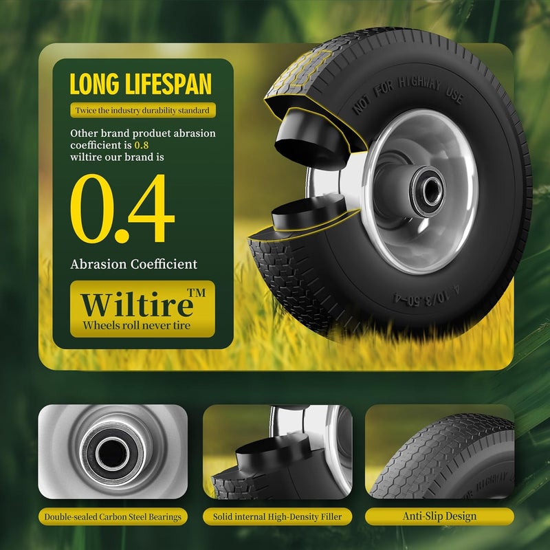 Wiltire (عبوة 2) 4.10/3.50-4 إطار وعجلة خالية من الهواء بقطر 10 بوصات مع محامل إضافية 5/8 و 3/4 و 1/2، محور مائل 2.2 بوصة - متوافق مع عربات اليد وعربات النقل (موجة، رمادي) - Image 3